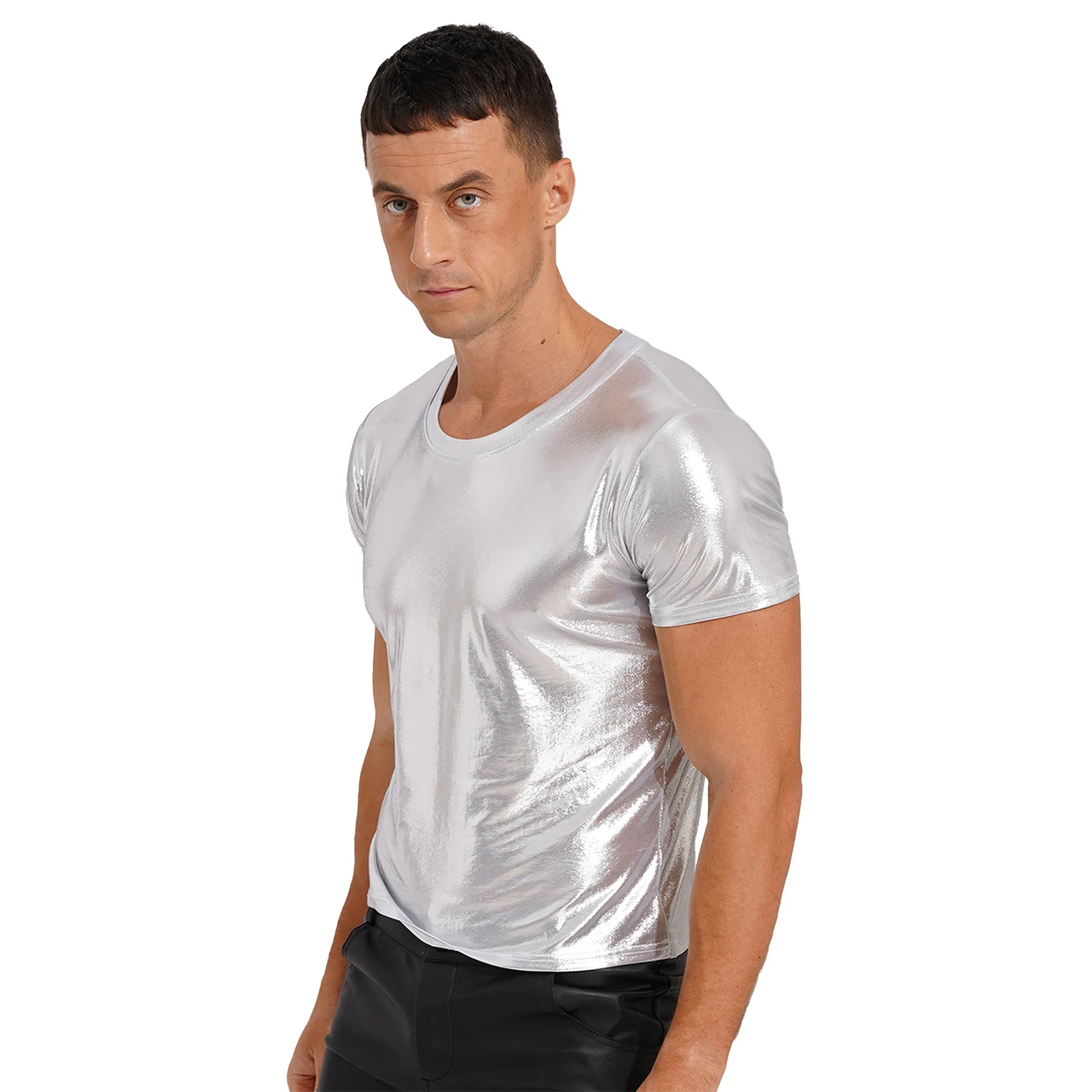 Mens Shiny Metallic T-shirt Tops Male Clothing Round Neck Glossy Solid Color Short Sleeve Pole Dance Party Rave Festival Outfit