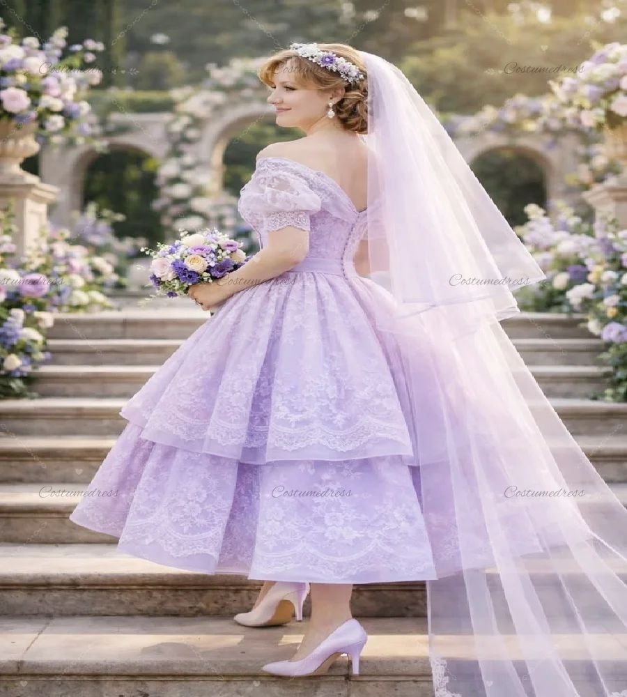 Pastel Purple 1950s Wedding Dress With Lace Elegant Short Sleeve Tea Length Boho Bride Dress Gatsby Civil War Reception Party