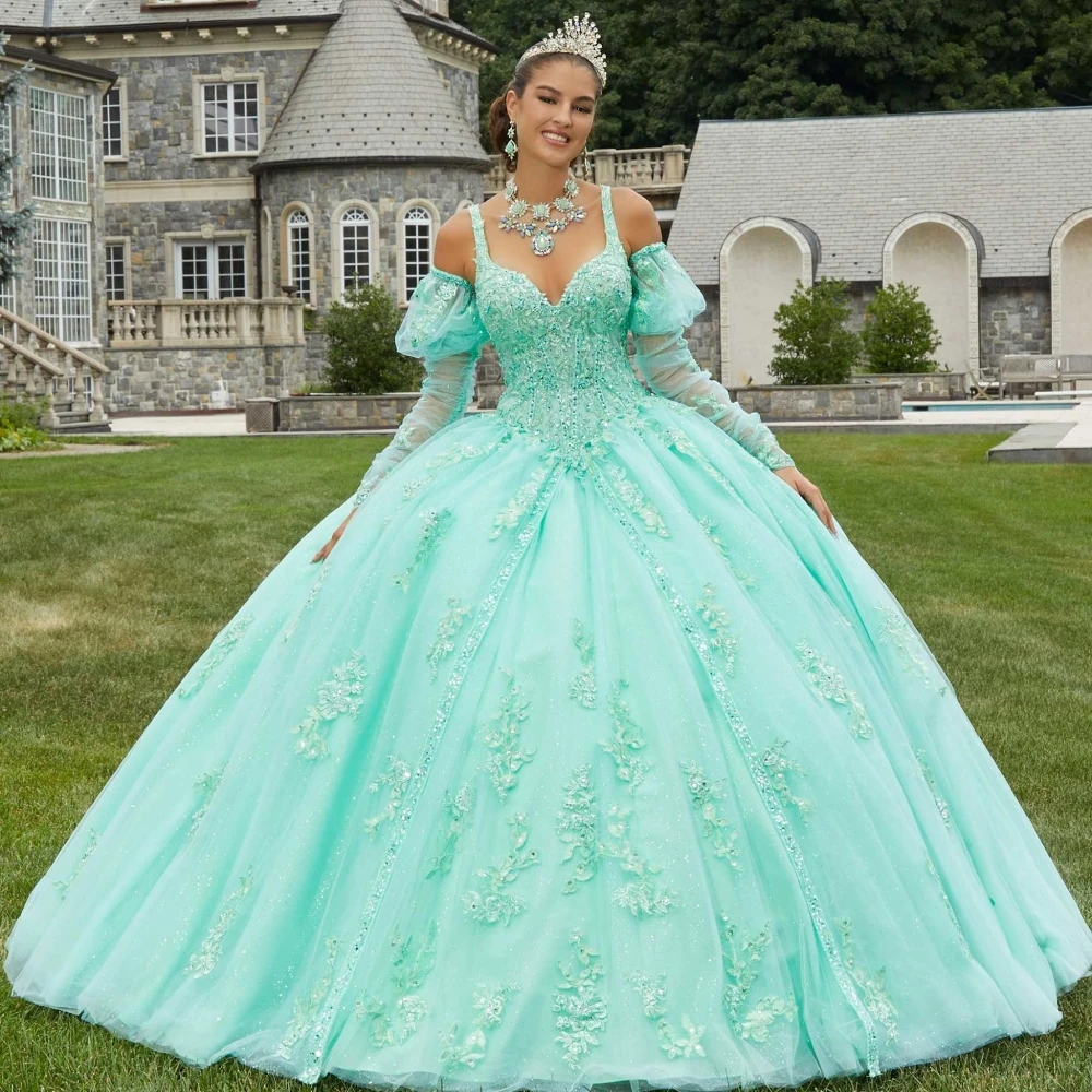 EVLAST Customized Blue Quinceanera Dress Appliques Floral Lace Beaded Pouf Long Sleeve Corset Sweet 16 Vestidos De XV Año TQD114