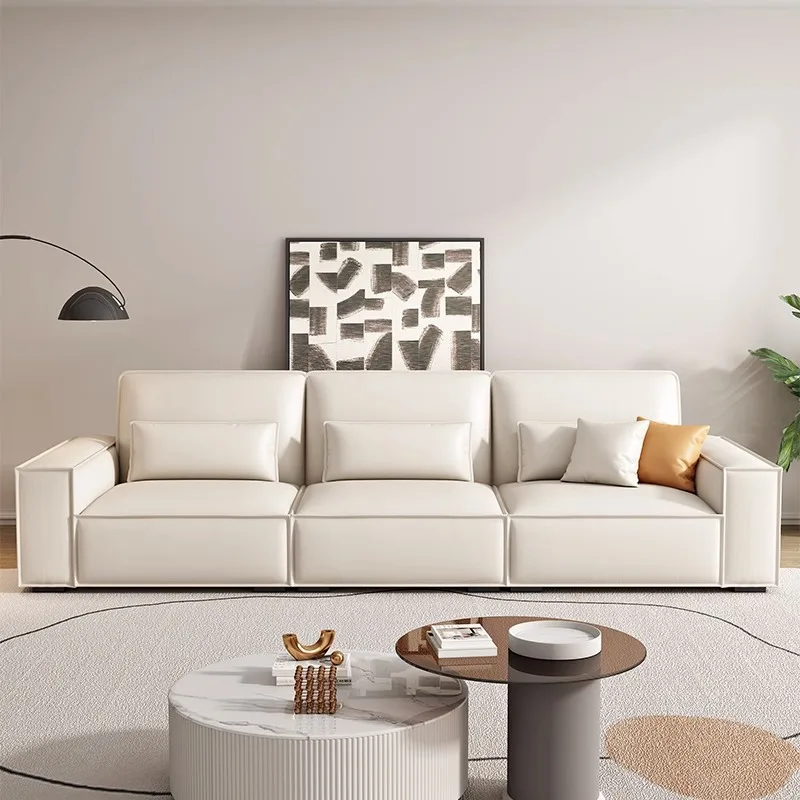 クリームスタイルの第一層牛革ソファライト高級モダンレザー小さなアパートイタリアのハイバックレスト豆腐ブロックストレートロー