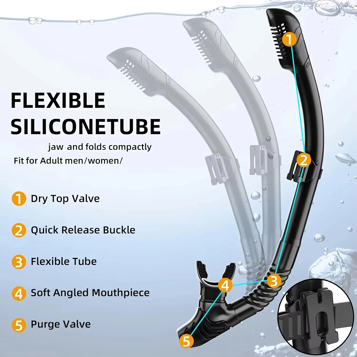 Dry Snorkel Tube Easy Breath Scuba Diving Splash Guard Top Valve Swimming Underwater Equipment For Adults Kids Men Women Youth