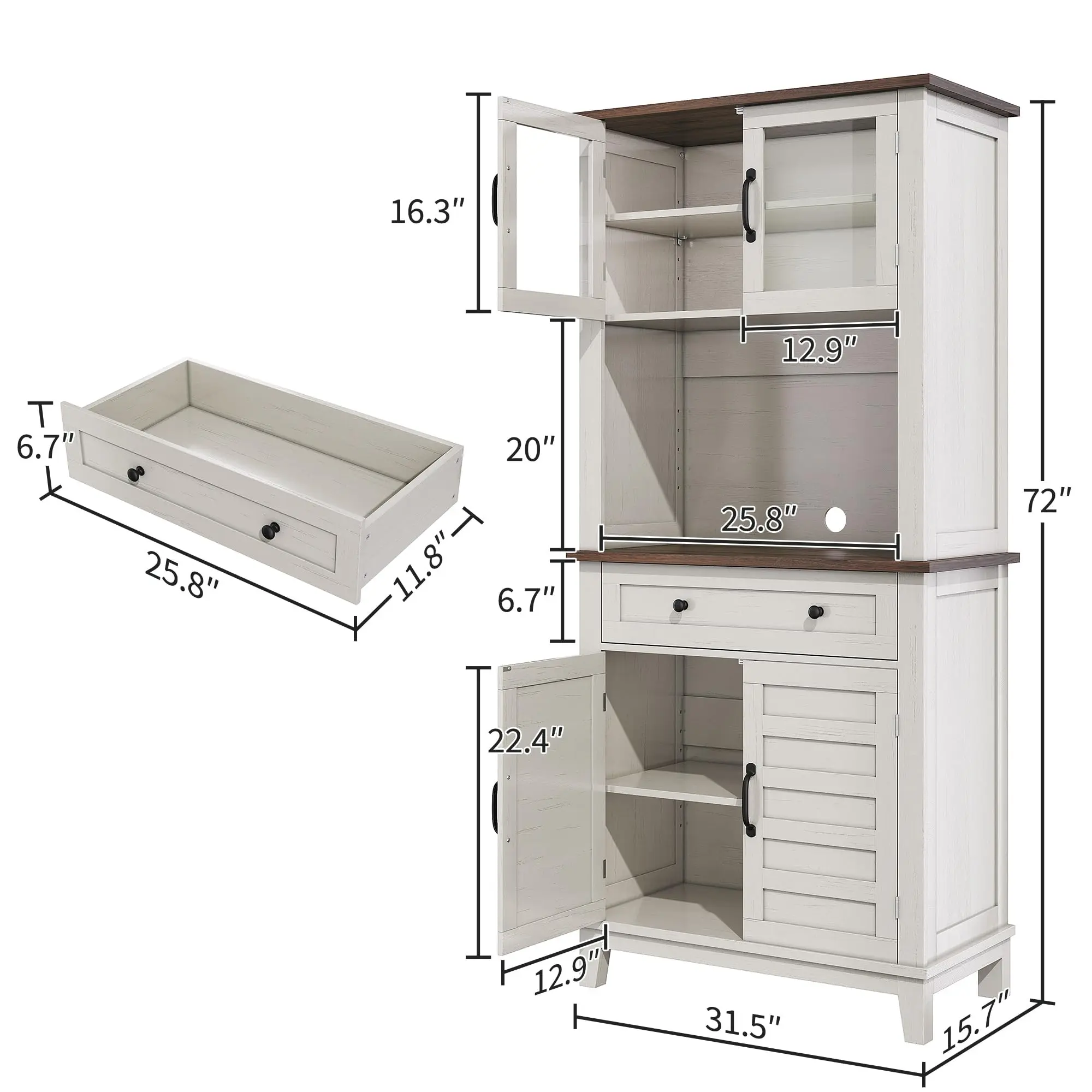 72 Inch Tall Wine Rack Pantry Cabinet, PB+MDF+Glass, Freestanding Kitchen Storage Cabinet with Adjustable Shelves & Glass Doors for Living Room & Kitchen