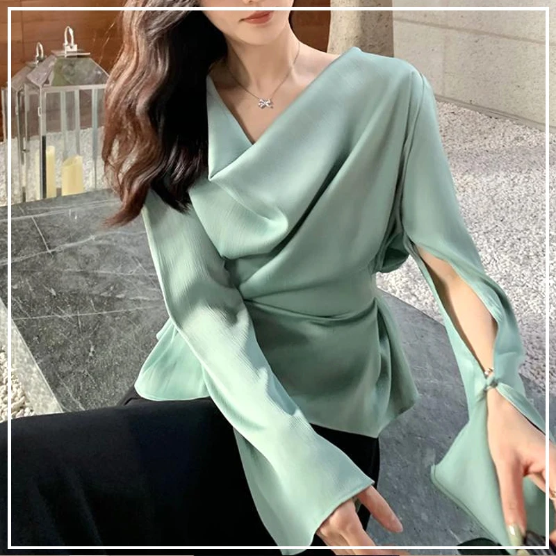 

2024 Spring Summer French Premium Simple Neat Temperament Long Sleeved Lower Back Appear Thin Sagging Sensation Women's Shirts