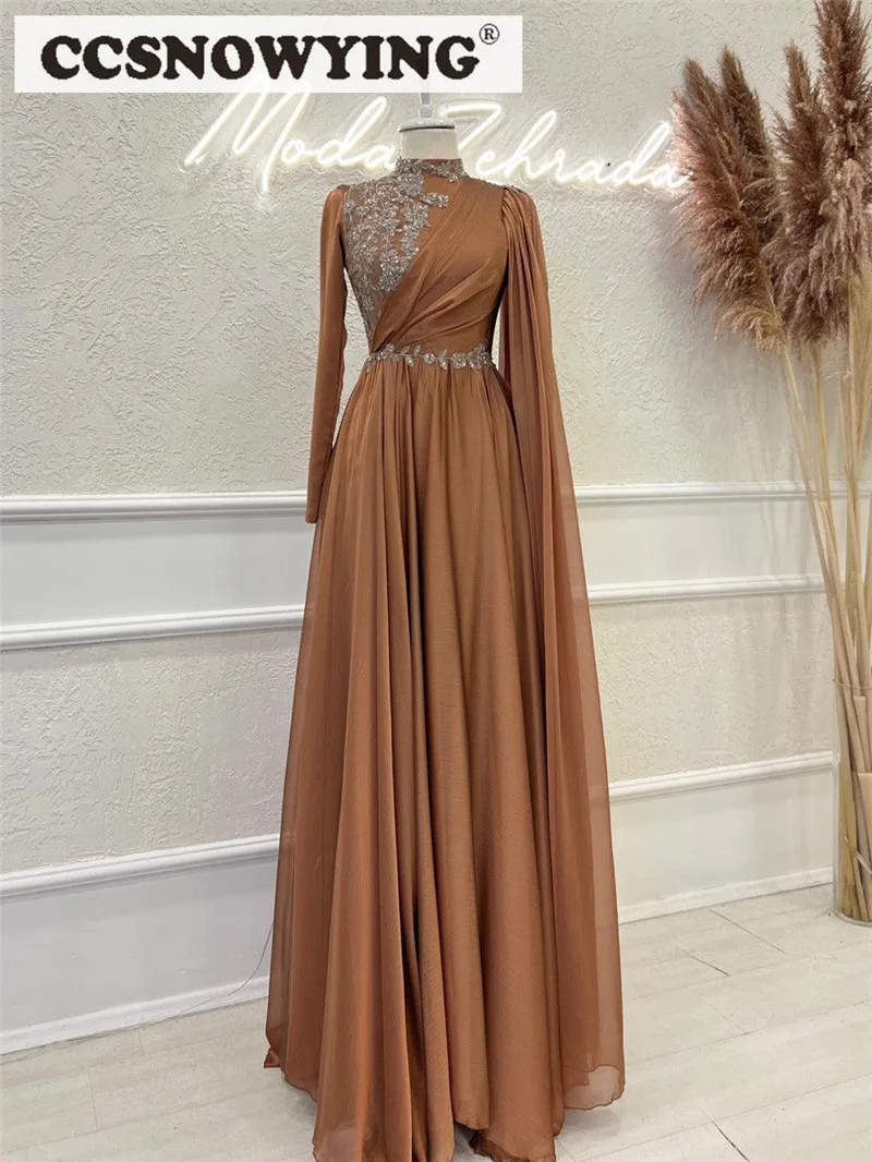 Elegant Chiffon Appliques Muslim Evening Dresses Long Sleeve Hijab Islamic Formal Party Gown High Neck Arabic Robe De Soiree