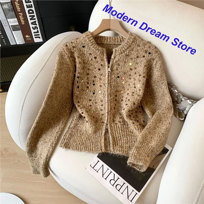 French design small fragrance double zipper short sweater coat women's spring and autumn high-grade sequined knit cardigan top