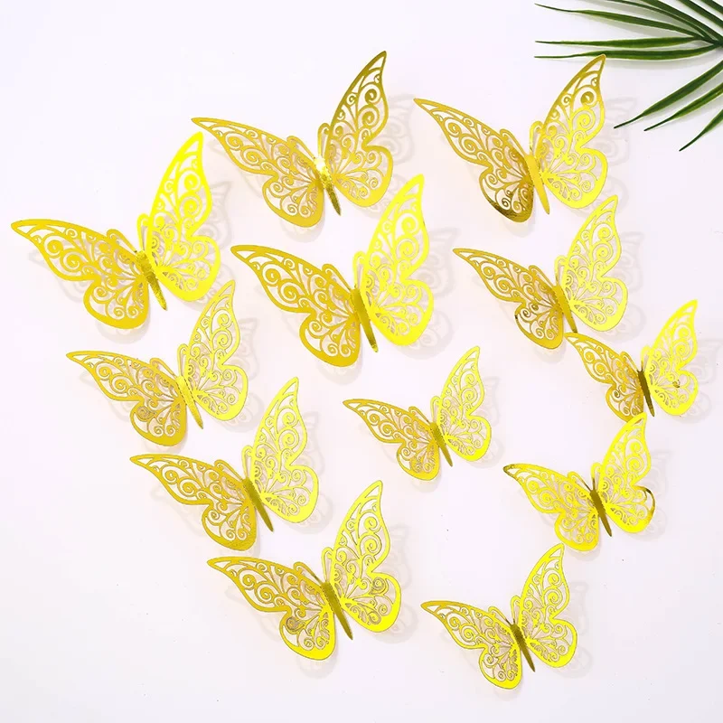 12Pcs Artificial Butterfly Happy Birthday Cake Topper Gold 3D Butterflies Cupcake Top for Wedding Party Baking Dessert Decor