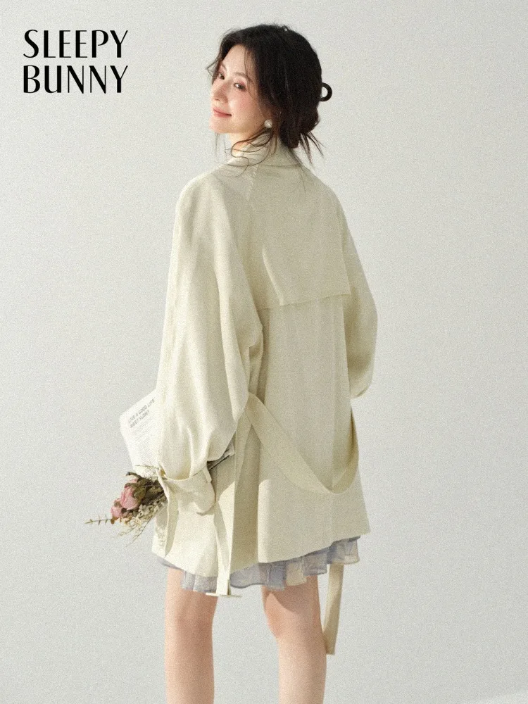 

Women Lapel Short Trench Coat Double Breasted Jacket Elegant Loose Fit Spring Outerwear Fashion Commuter Wear Lady Daily Style