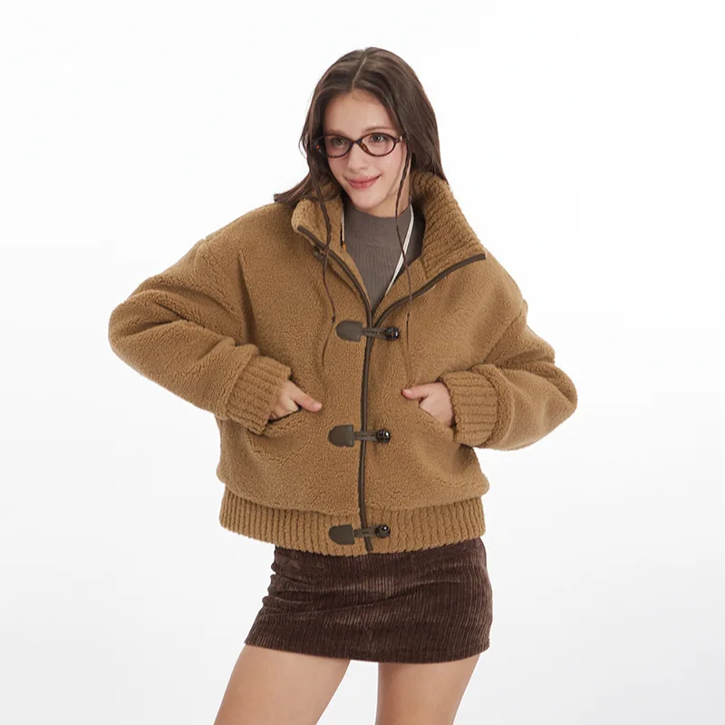 Col montant fausse fourrure veste simple boutonnage blanc manteau en peluche Faux agneau chaud épais Patchwork fourrure vestes moelleux ample élégant