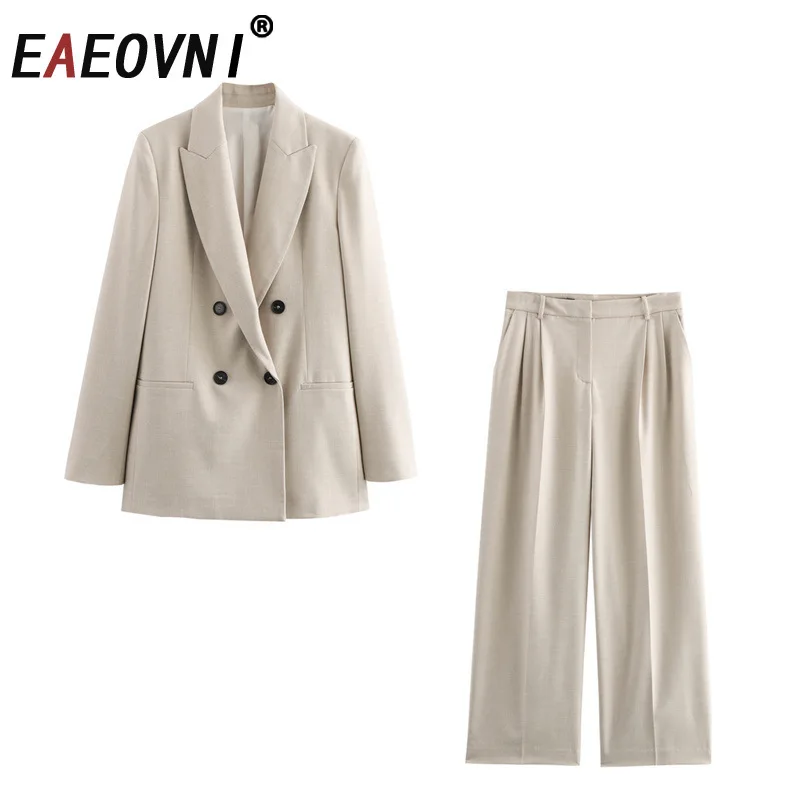 

EAEOVNI Office Lady Women 2 Piece Set Fashion Double Breasted Suit Jacket + Wide Leg Pants Versatile 2025 New Clothing 1A582