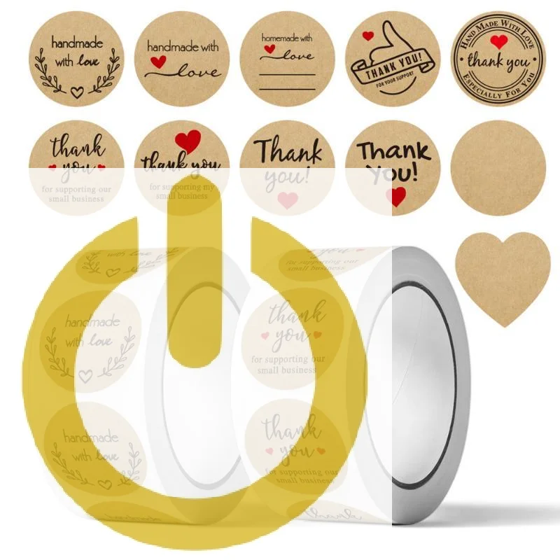 500PCS/Roll Kraft Paper Thank You Stickers With Assorted Designs Strong Adhesive For Small Business Packaging Gift Wrapping