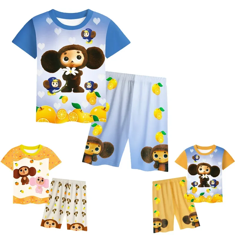 Conjunto de camiseta e shorts Cheburashka Monkey para meninos e meninas, top infantil 3D estampado, roupas infantis, loungewear de verão, terno de aniversário