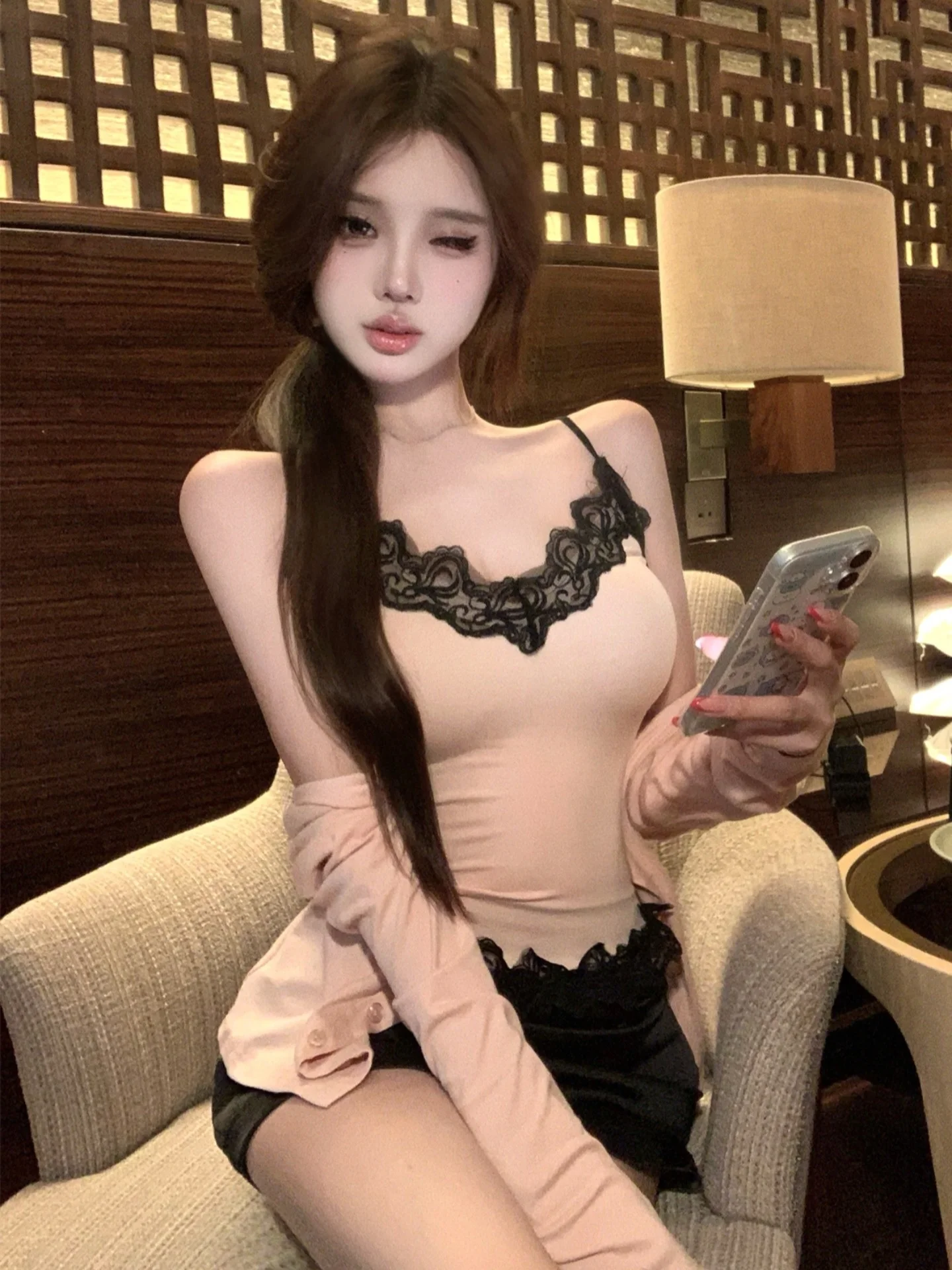

Pure Desire Lace Splice Strap Vest Women's Spring Outfit Loose Long Sleeve Open Cardigan Outerwear Two-Piece Set Fashionable ...