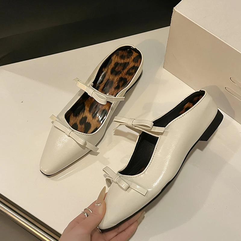 

Half Slippers Women's Summer New Pointed Toe Shallow Mouth Cuff Heightened Inside Foot Baotou Bow Mary Zhen Cool Drag