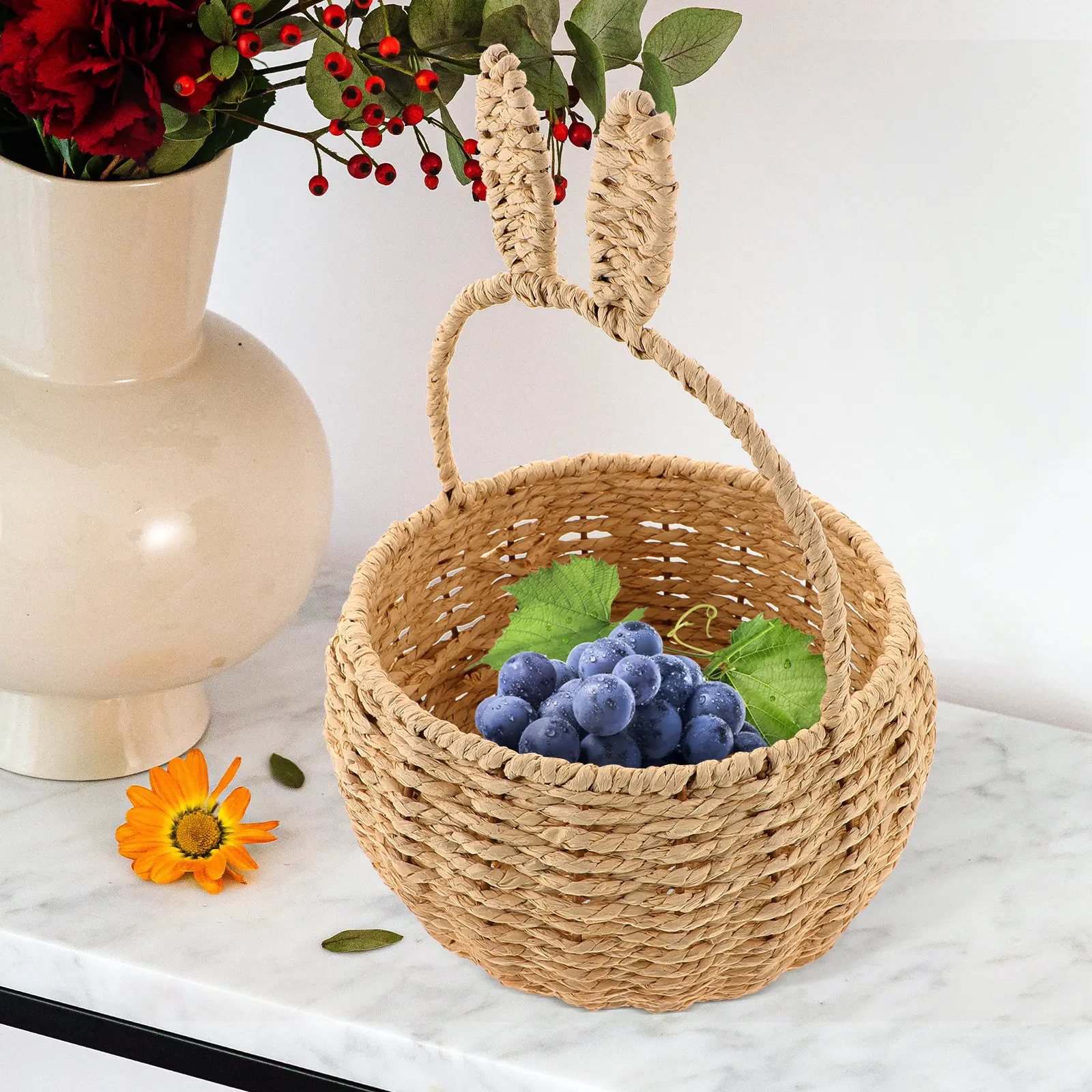 Rabbit Ear Hand Woven Storage Basket Natural Grass Woven Flower Basket for Home Decor Living Room Bedroom Kitchen Shelf view 3