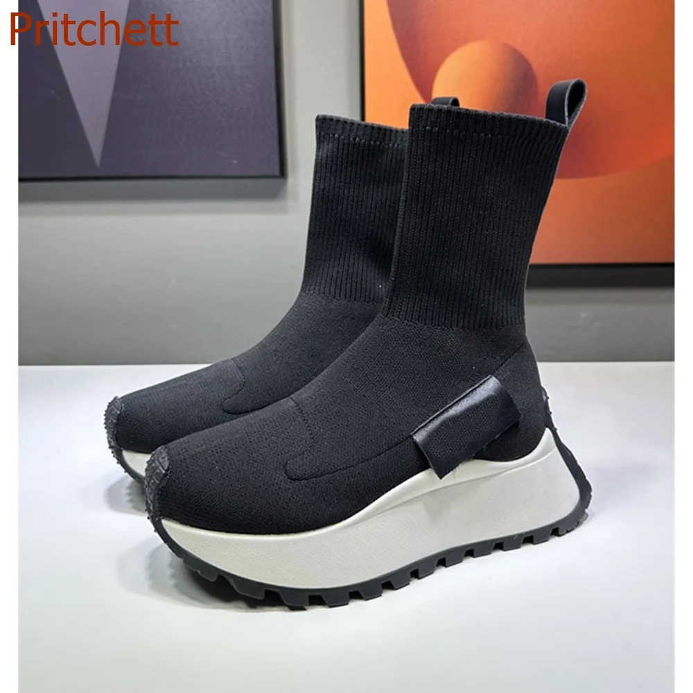 Pointed Toe Thick Sole Women Boots Solid Stretch Fabric Height Increasing Fashion Casual Comfortable Stretch Boots  Women Shoes