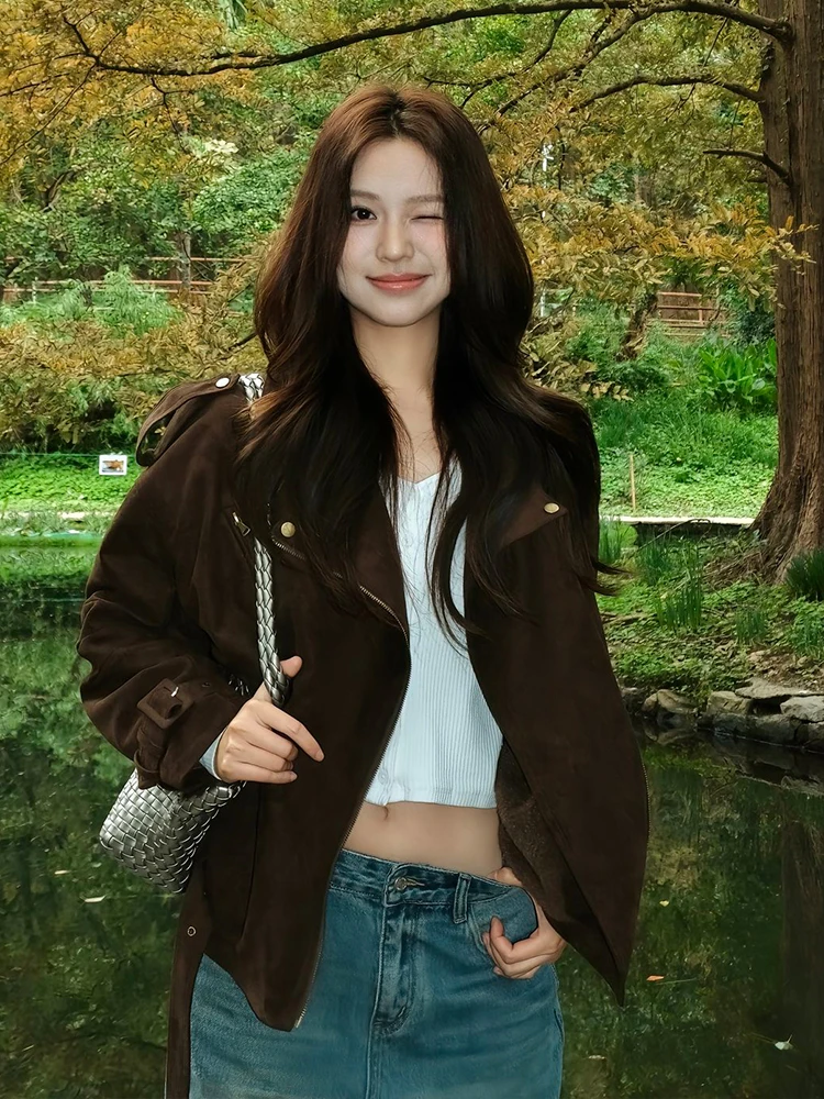 Women's Suede Jaet Loose Fit Turn-down Collar Workwear Coat American Retro Sle Autumn Winter Casual Outerwear