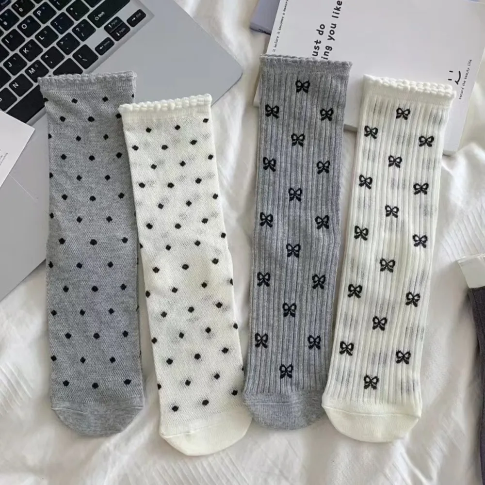 

White lace socks Summer thin women's cotton mesh hollowed-out mid-tube sock bow polka dot summer pile socks