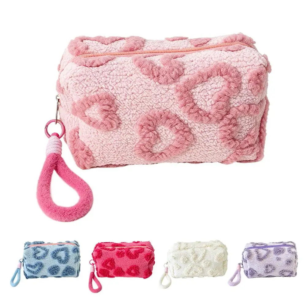 Cute Heart Pattern Plush Makeup Bag Soft Fluffy Cosmetic Pouch with Wrist Strap Zipper Travel Make‑up Organizer Bag