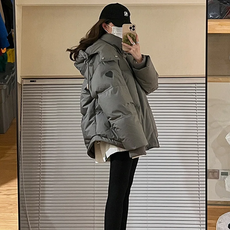 

Gray Casual Hooded Cotton Jacket for Women 2023 Winter Love Embroidery Loose Padded Parkas Coat Female Warm Outerwear