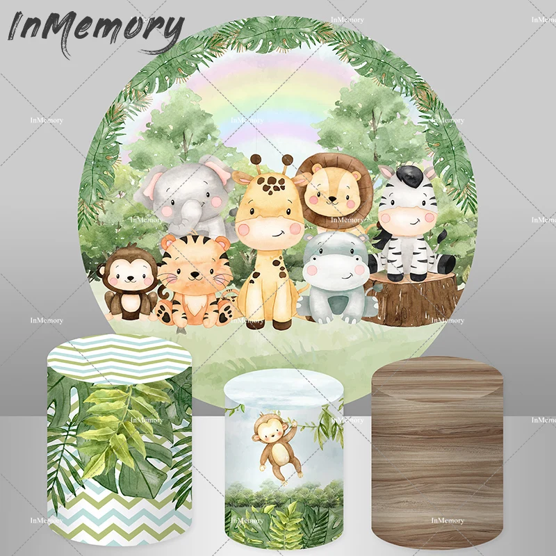 Safari Greenery Baby Shower Round Backdrop for Kids Birthday Party Decor Background Cartoon Animals Wood Cylinder Cover Elastic