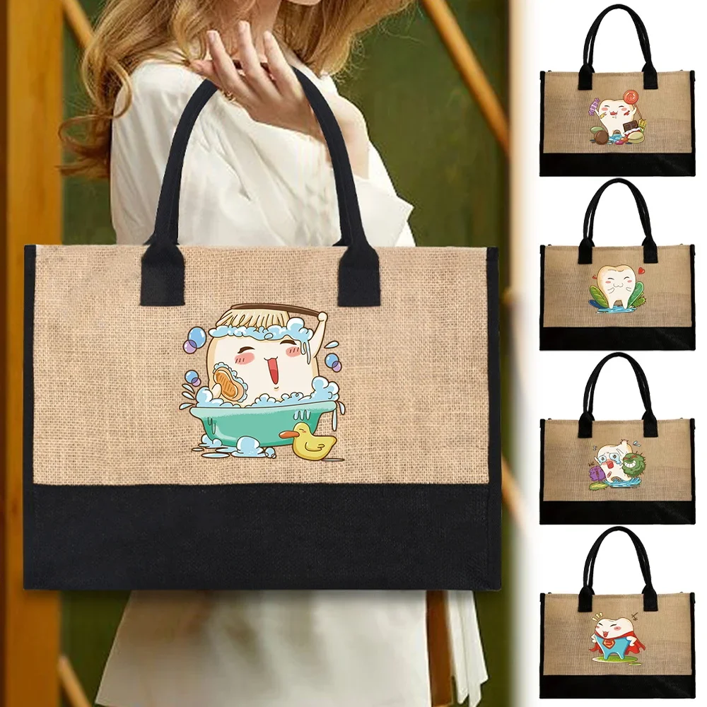 Burlap Jute Tote Bag Vintage Reusable Grocery Shopping Handbags Fashion Commuting Flax Crossbody Teeth Printing Series