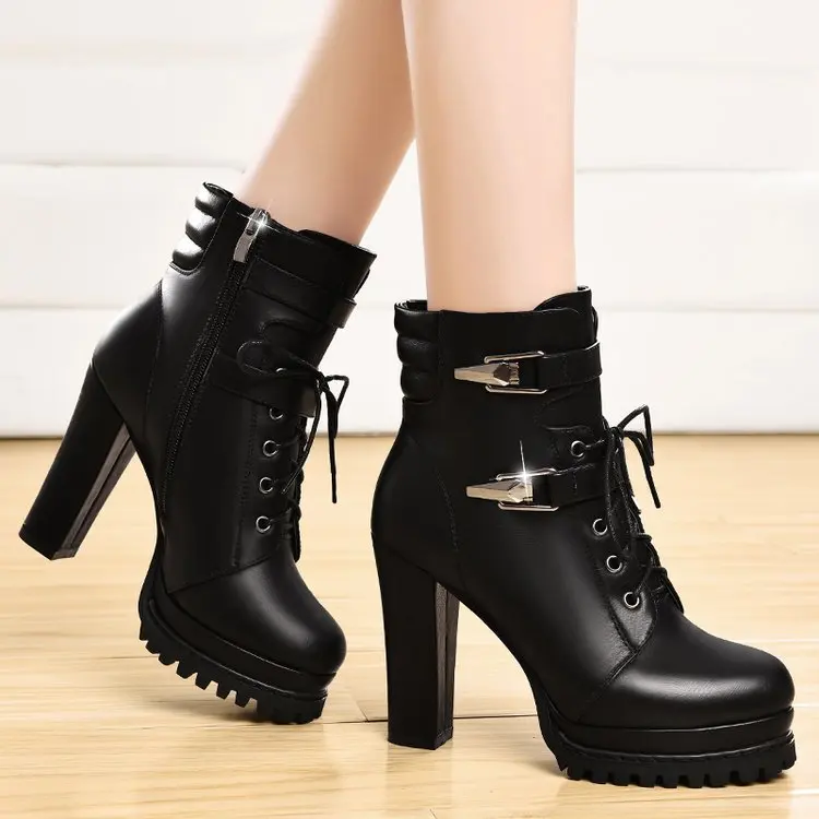 Women's Chunky Ankle Boots Fall/Winter New British Style Ladies High Heels Waterproof Riding Boots with Velvet Lace-up Booties