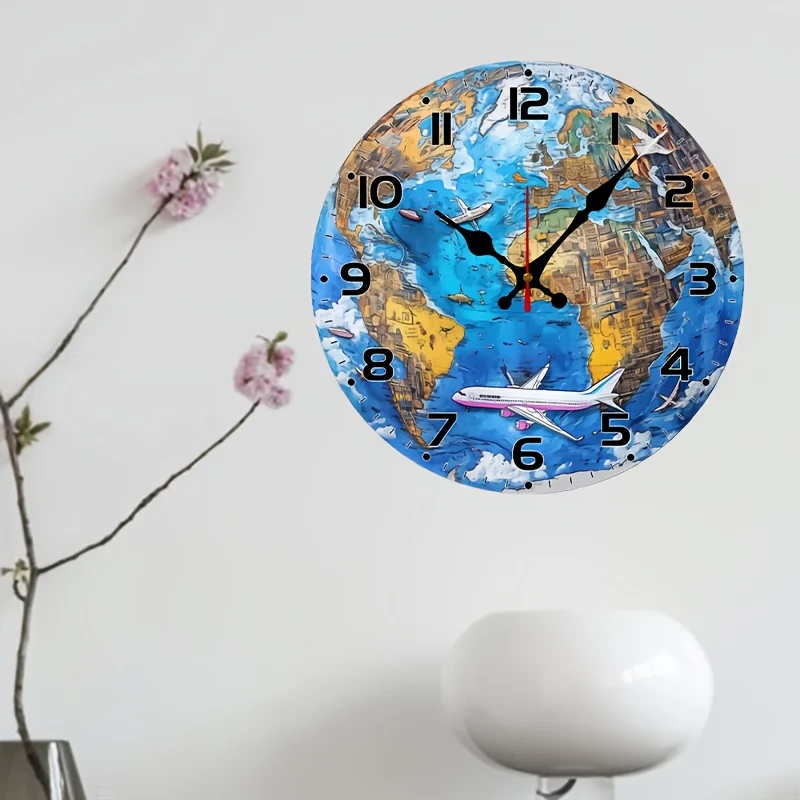 10-Inch World Map Wall Clock - Silent Wood Veneer Round Clock with Artistic Airplane & City Design - Battery Operated (AA, Not Included) - Perfect for Living Room, Study, or as a Unique Gift for Friends & Family, Wall Clock Living Room