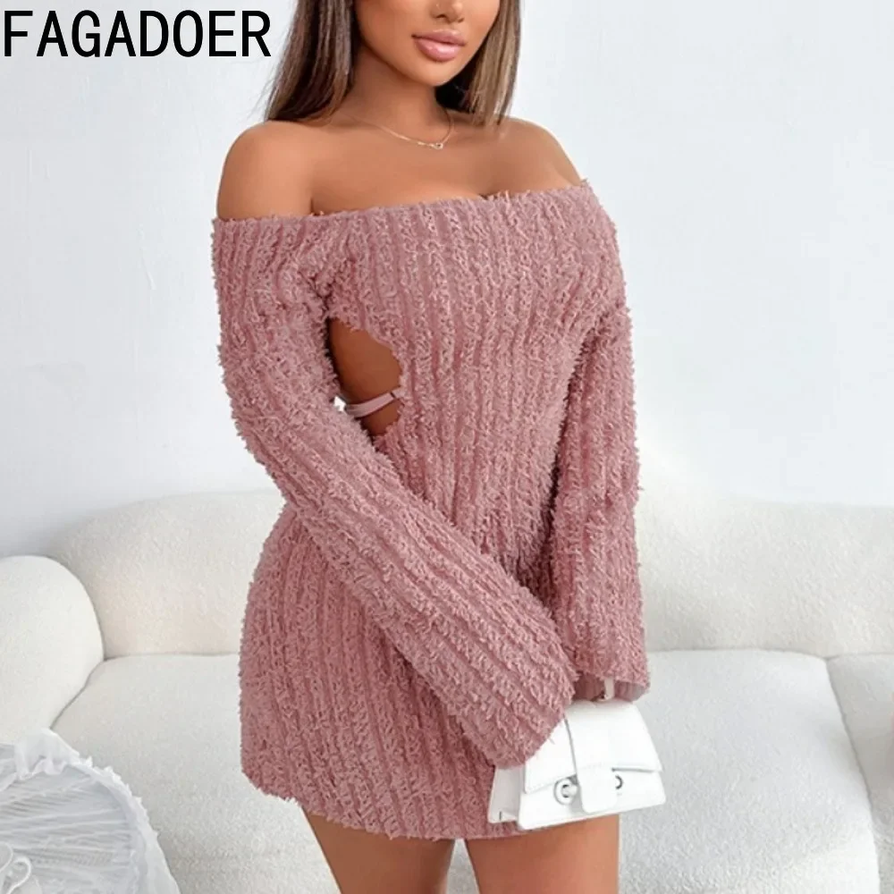 

FAGADOER Sexy Striped Off Shouler Backless Bodycon Mini Dresses Women Long Sleeve Lace Up Slim Vestidos Fashion Female Clothing