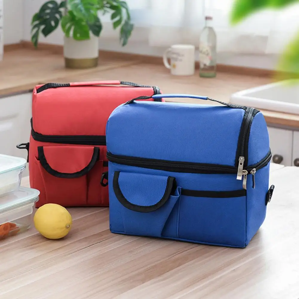 Insulated Double Layer Lunch Bag with Shoulder Strap Oxford Cloth Lunch Container Leakproof Food Carrier for Work And School