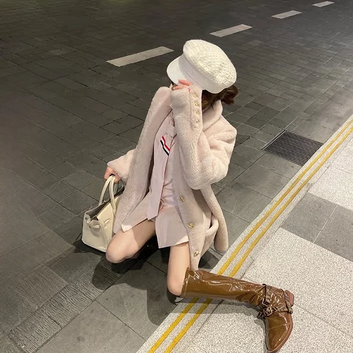 

Viola Pink Teddy Lamb Fur Jaet Women Winter Korean Loose Thiened Medium Length Versatile Slimming Particle Fce Trendy