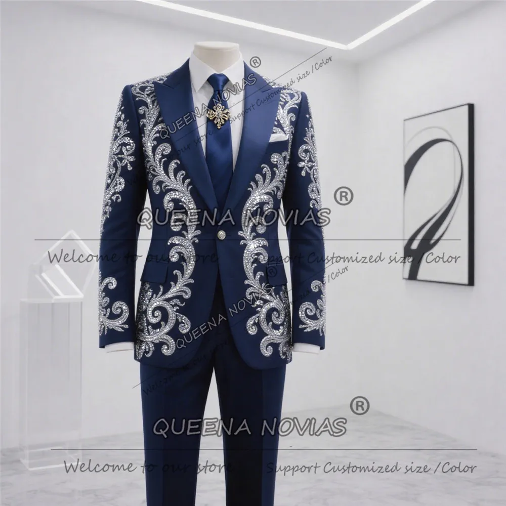 الشظية بلورات مطرز بدل زفاف للرجال 2 قطعة مجموعات واحدة الصدر سترة السراويل مخصصة العريس الحلل Ropa Hombre