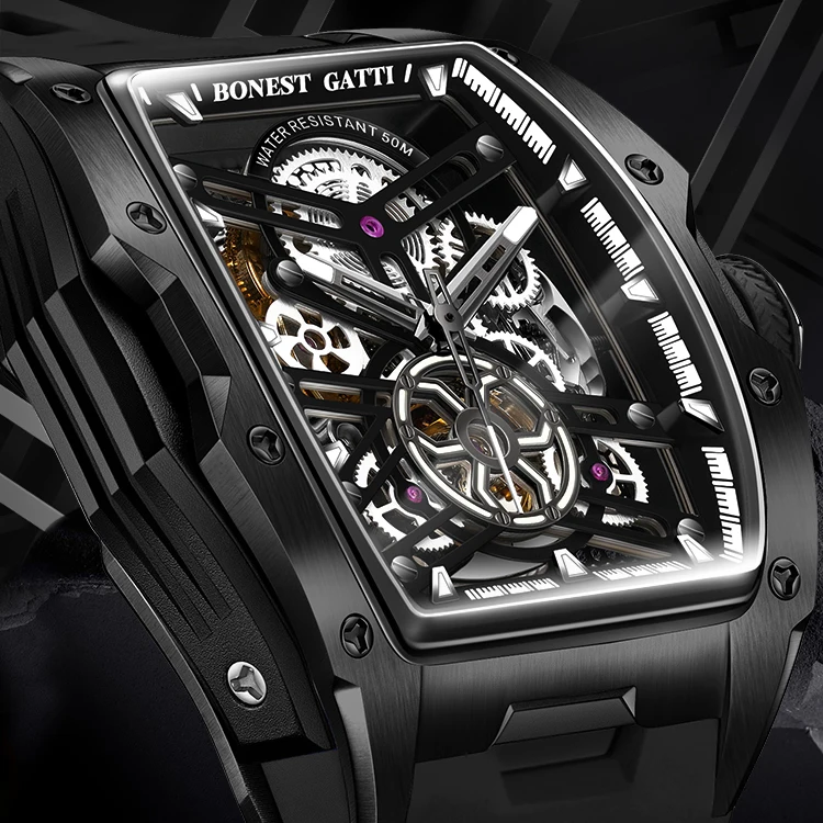 BONEST GATTI Men Automatic Watch 46mm Tonneau Mechanical Wristwatch Waterproof Luminou Sapphire Mirror Skeleton Dial