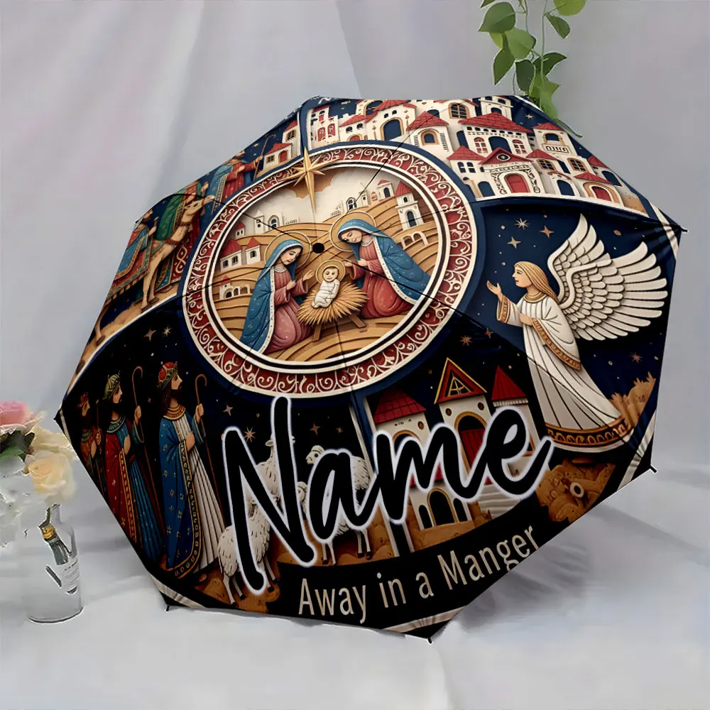 Custom Name Nativity Scene Umbrella Design with Religious Themes Print 8 Iron Ribs Folding Umbrella, Auto-Open Fashion Sunshade