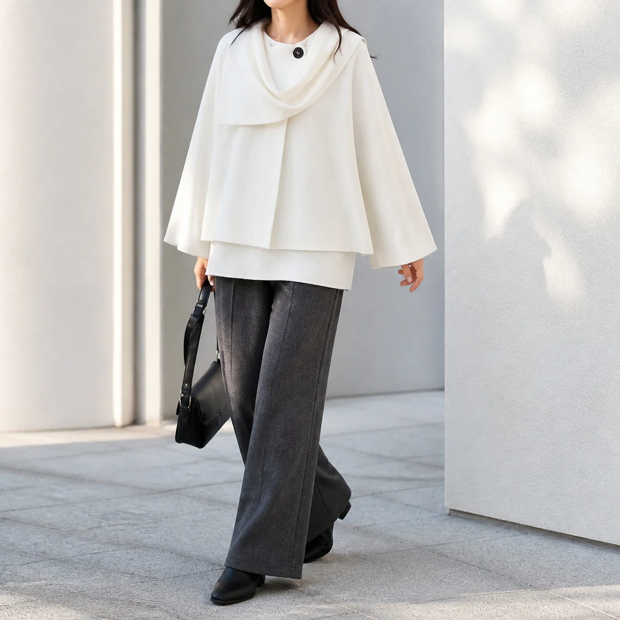 Loose Fit Long Sleeve Cape Preppy Women Cape with Wrinkle Finish Fresh and Sweet Casual Square Neck Distressed Detail Coat