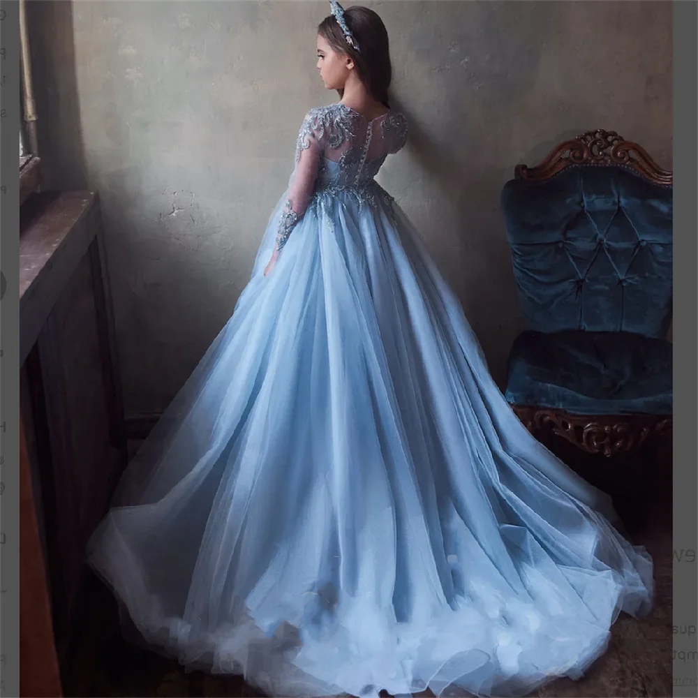 ENOCH Elegant Flower Girl Dresses O-Neck Long Sleeves Lace Appliques Button Back Floor Length Wedding Party Gowns فساتين الحفلات