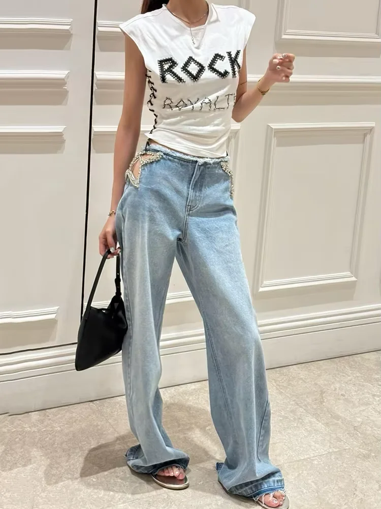 Crystal Embellished Wide Leg Jeans New In Shiny Star Tall Girl Low Waist Cut-out Denim Pants Hot Music Festival Outfit
