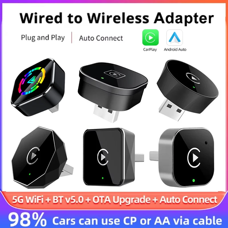 

2in1 Wireless CarPlay Adapter Wireless Android Auto Dongle for OEM Wired CarPlay Vehicles Car Radio Plug and Play Bluetooth