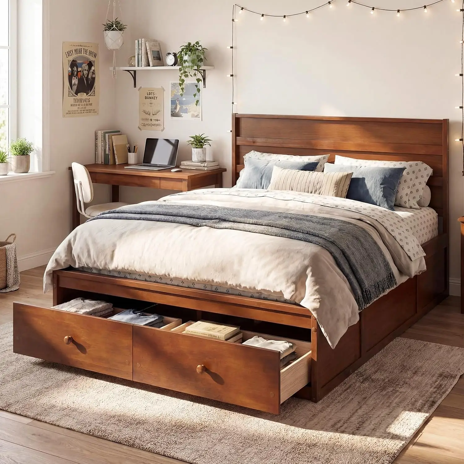 

Full Size Storage Bed Frame with Drawers, Walnut Wood Finish, Bedroom Furniture, Customized