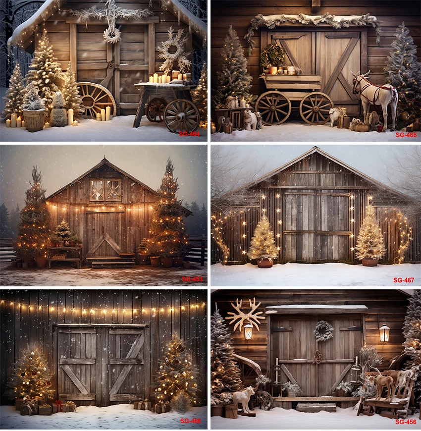 Fond de photographie de Noël d'hiver, arbre de Noël, grange en bois, décoration de portrait de neige, fond de bannière, studio photo