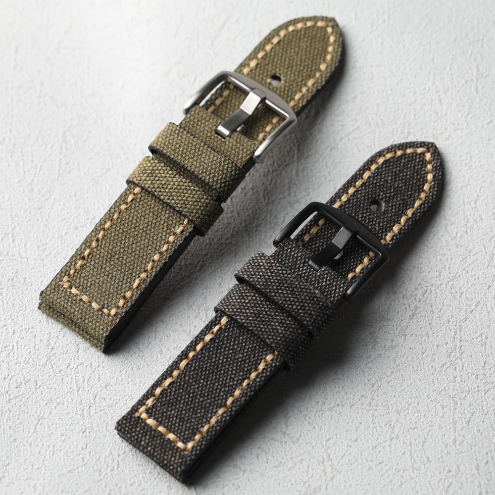 Handmade Canvas+Genuine Leather Watch Bracelet 20MM 22MM 24MM 26MM Green Black  Thick and Sturdy Bracelet