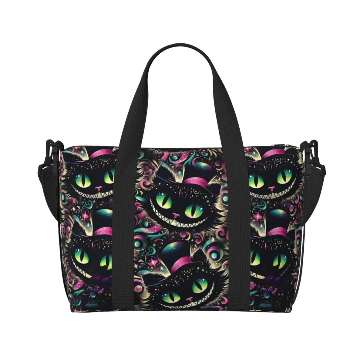 

Женская пляжная сумка-тоут с чеширским котом на заказ, очень большая спортивная сумка для ручной клади, забавные дорожные сумки для покупок с котом Чеширса