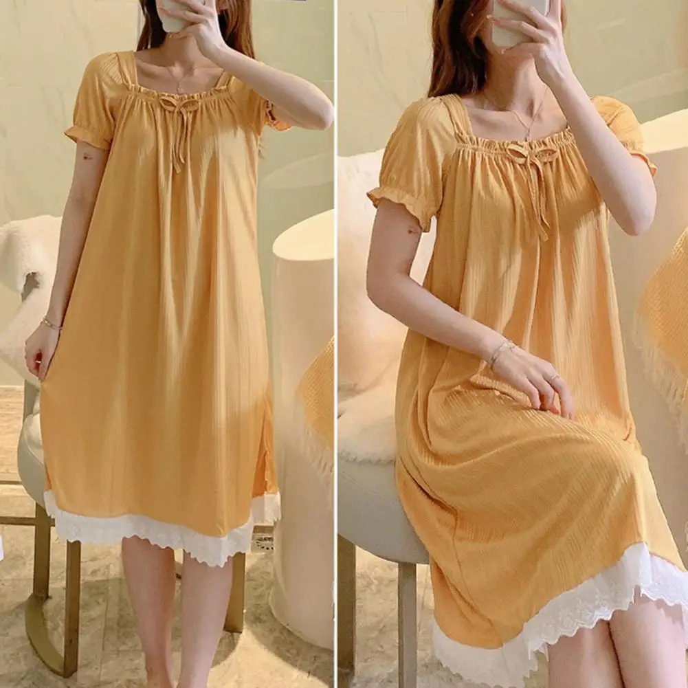 Women Summer Sleeping Rope Solid Color Pullover Knee Length Breathable Loose Shirring Short Sleeves Sweet Style Lady Nightdress