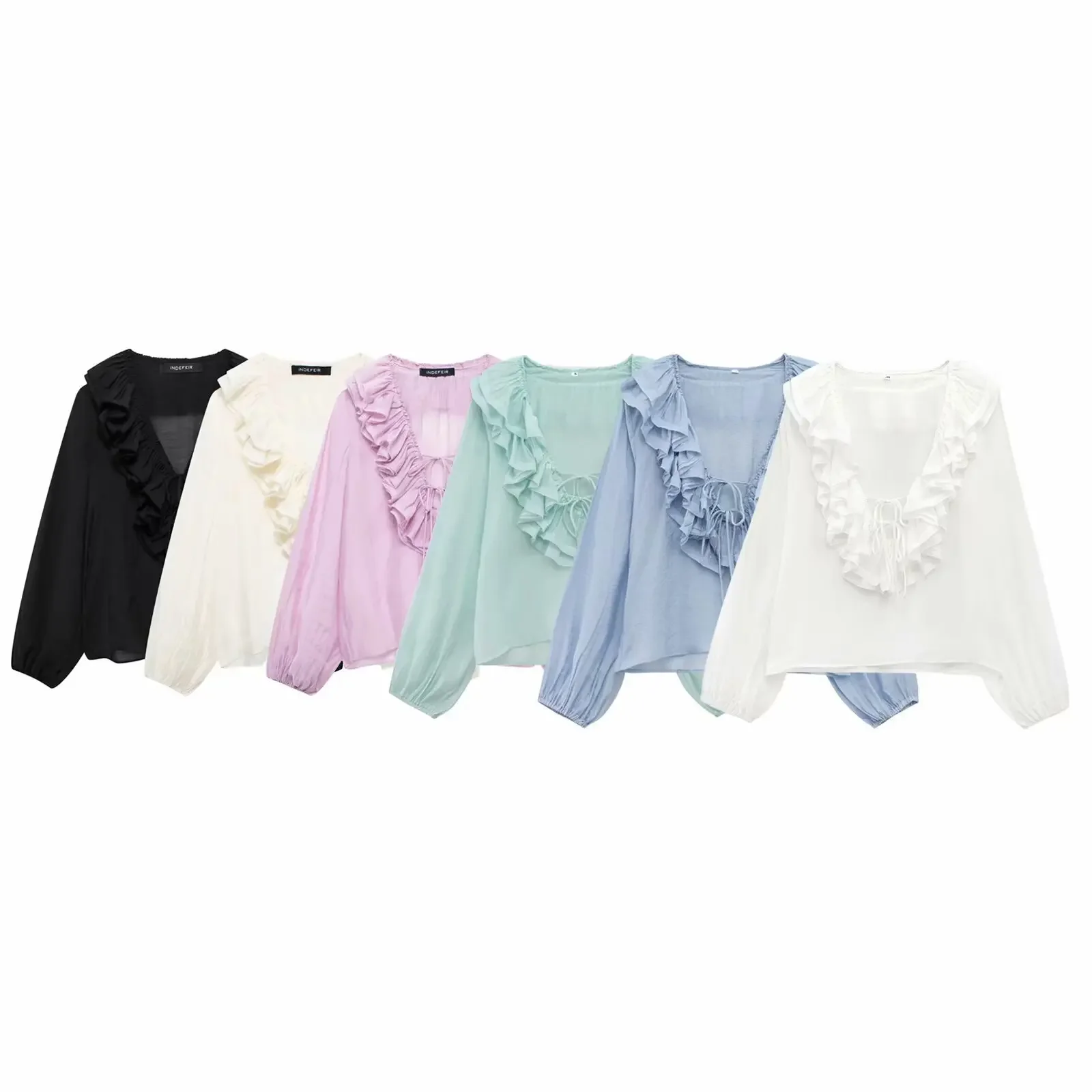 

New spring Women's V-neck Ruffle Drawstring Blouse Lantern Sleeves Folded Lace Bow Streetwear Hundred Elegant Blouse Top