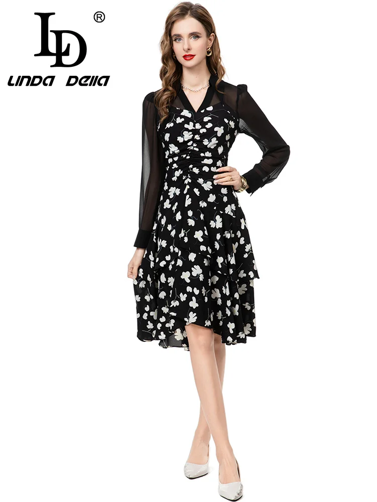 LD LINDA DELL ชุดเดรสผ้าชีฟองคอวีแขนยาว ผ้าบางเบา ใส่ทำงาน ใส่ลำลอง ใส่ไปงานปาร์ตี้ เอวสูง แฟชั่นทันสมัย