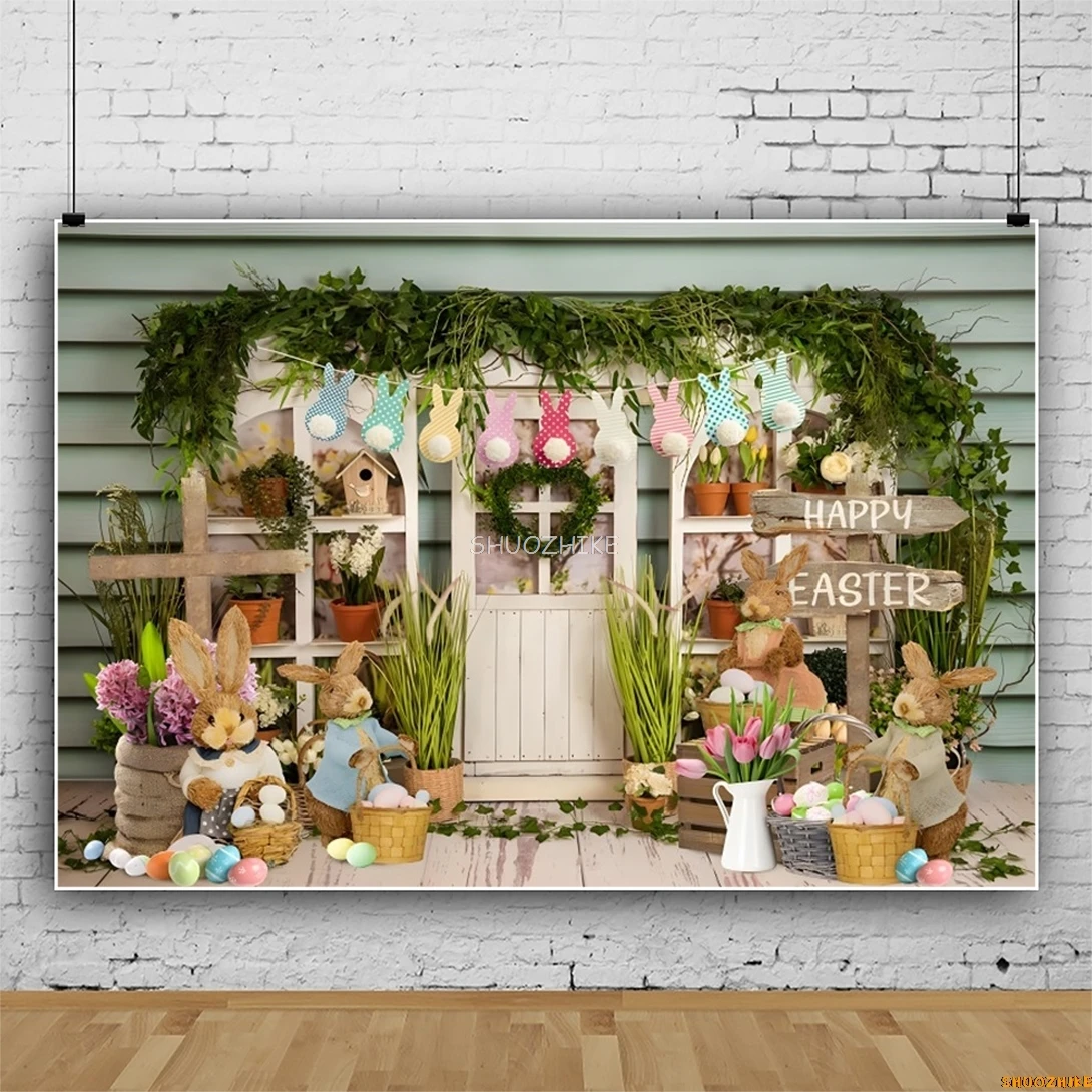 Spring Easter Baby Shower Backdrop Wood Door Floor Rabbit Grass Flower Newborn Birthday Party Photography Background Studio Prop