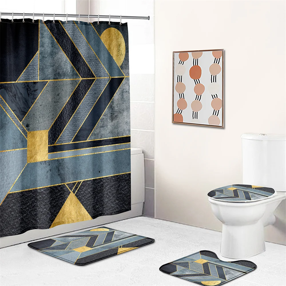 

Geometric Marble Shower Curtain 4-piece set of non-slip Carpet Toilet seat Cover and Bath mat, luxury Marble Family Bathroom Set