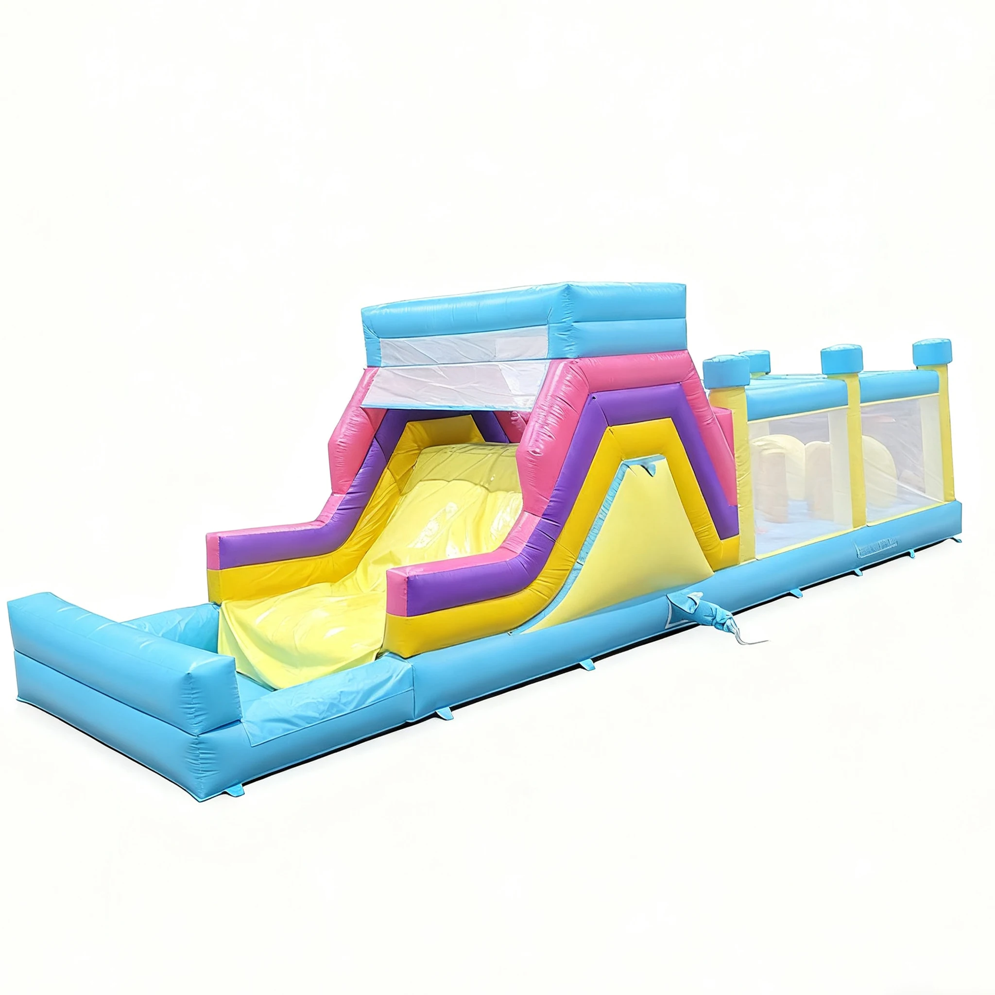 قلعة بيضاء قابلة للنفخ بحجم عائلي مع منزلق وحمام سباحة، مثالية لحفلات الشواء الصيفية وحفلات الأطفال