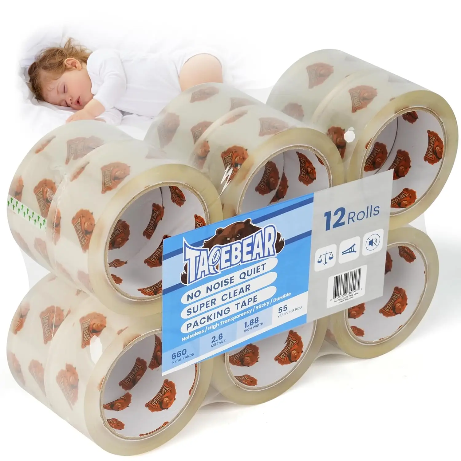 

No Noise Packing Tape, Upgraded High Transparency 2.6mil x 1.88" x 55 Yards Quiet Packaging Tape Refill Rolls, Heavy Dut