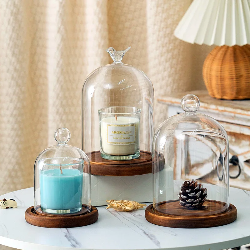 Aromatherapy Candle Holder Ornaments Dust-proof Glass Cover Wooden Base Aromatherapy Candle Cover Display Box Home Decoration