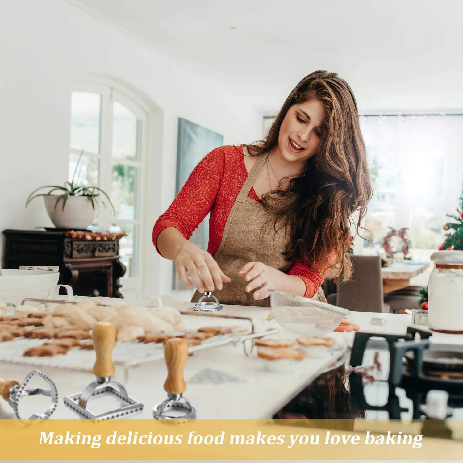 

5 шт. квадратная круглая форма для изготовления колес для равиоли с деревянной ручкой, подходит для инструментов для равиоли, пасты, пельменей-TFBC